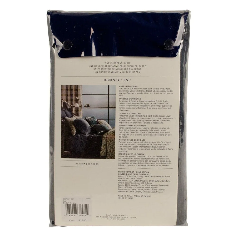 Ralph Lauren Home Journey's End Quilted Tait One Euro Sham Navy Blue 26 x 26 IN